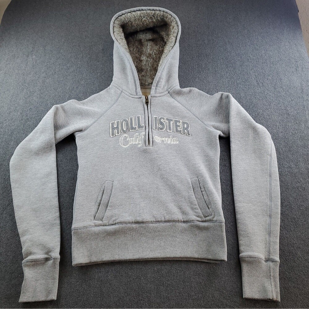 Vintage Y2K Hollister Hoodie Half-Zip Cropped Faux Fur Lined Hood Size M Gray